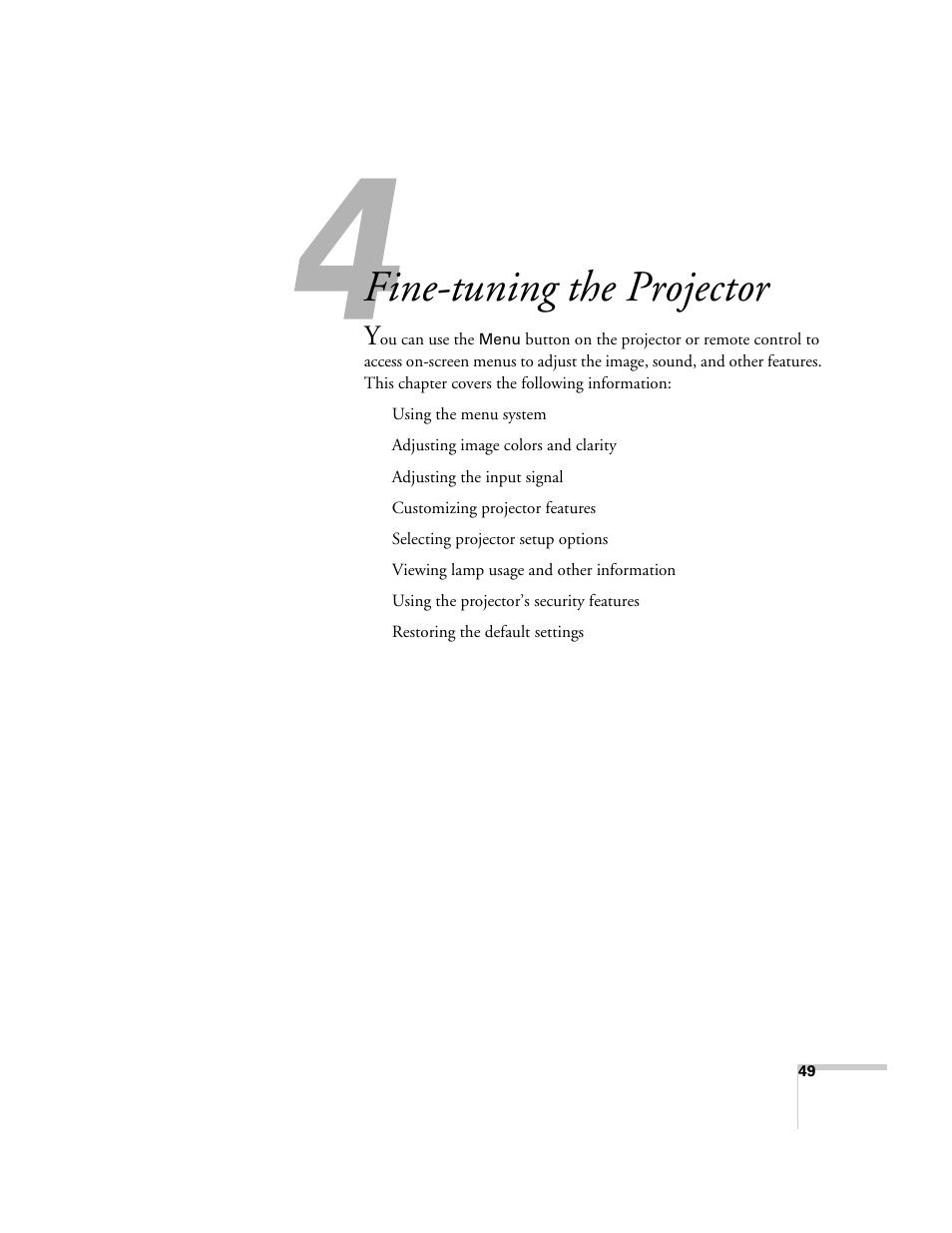 Fine-tuning the projector | Epson 821p User Manual | Page 49 / 112