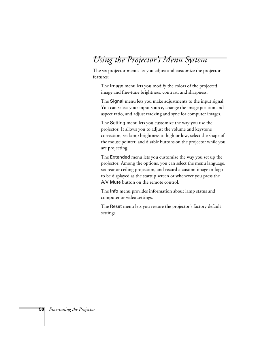 Using the projector’s menu system | Epson 821p User Manual | Page 50 / 112