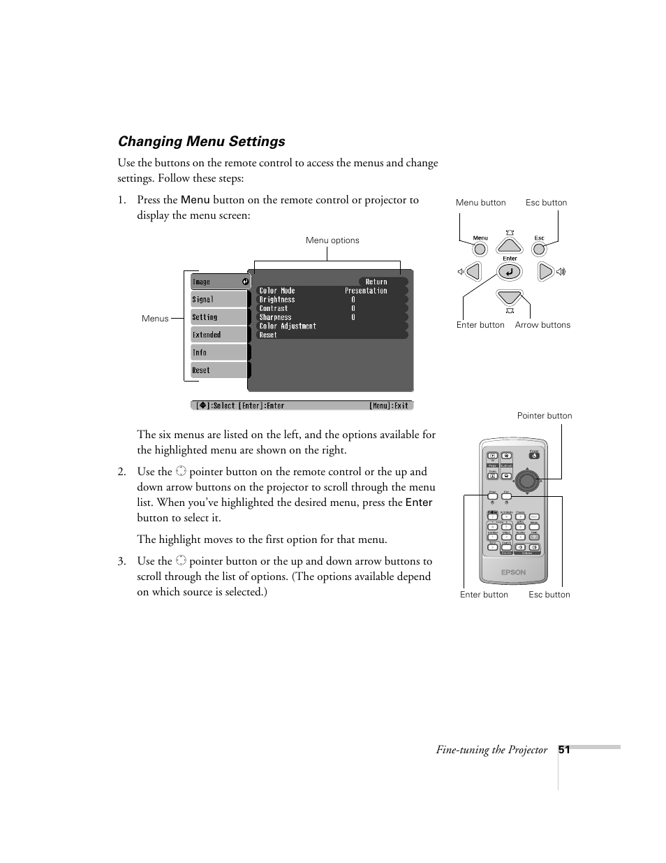 Changing menu settings | Epson 821p User Manual | Page 51 / 112