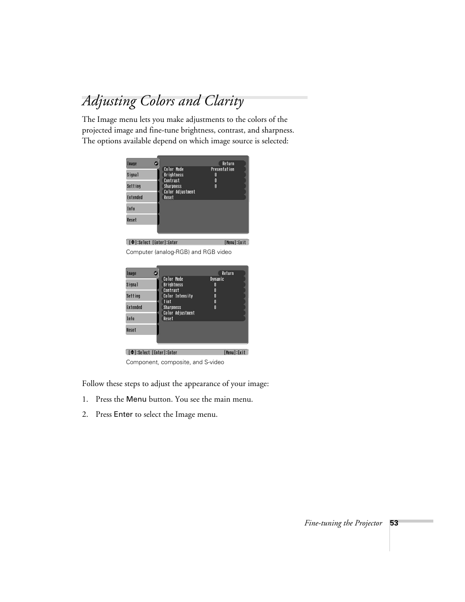 Adjusting colors and clarity | Epson 821p User Manual | Page 53 / 112