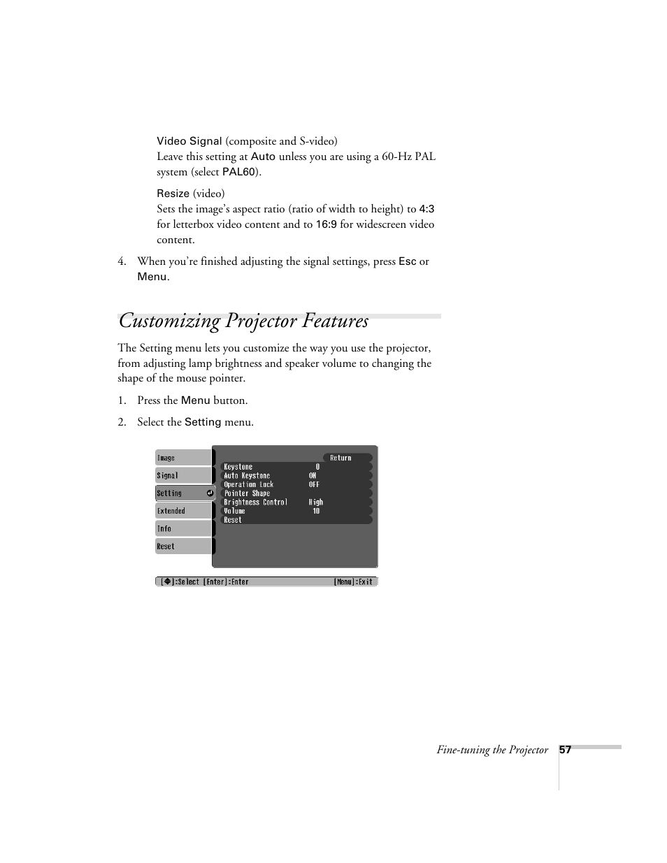Customizing projector features | Epson 821p User Manual | Page 57 / 112