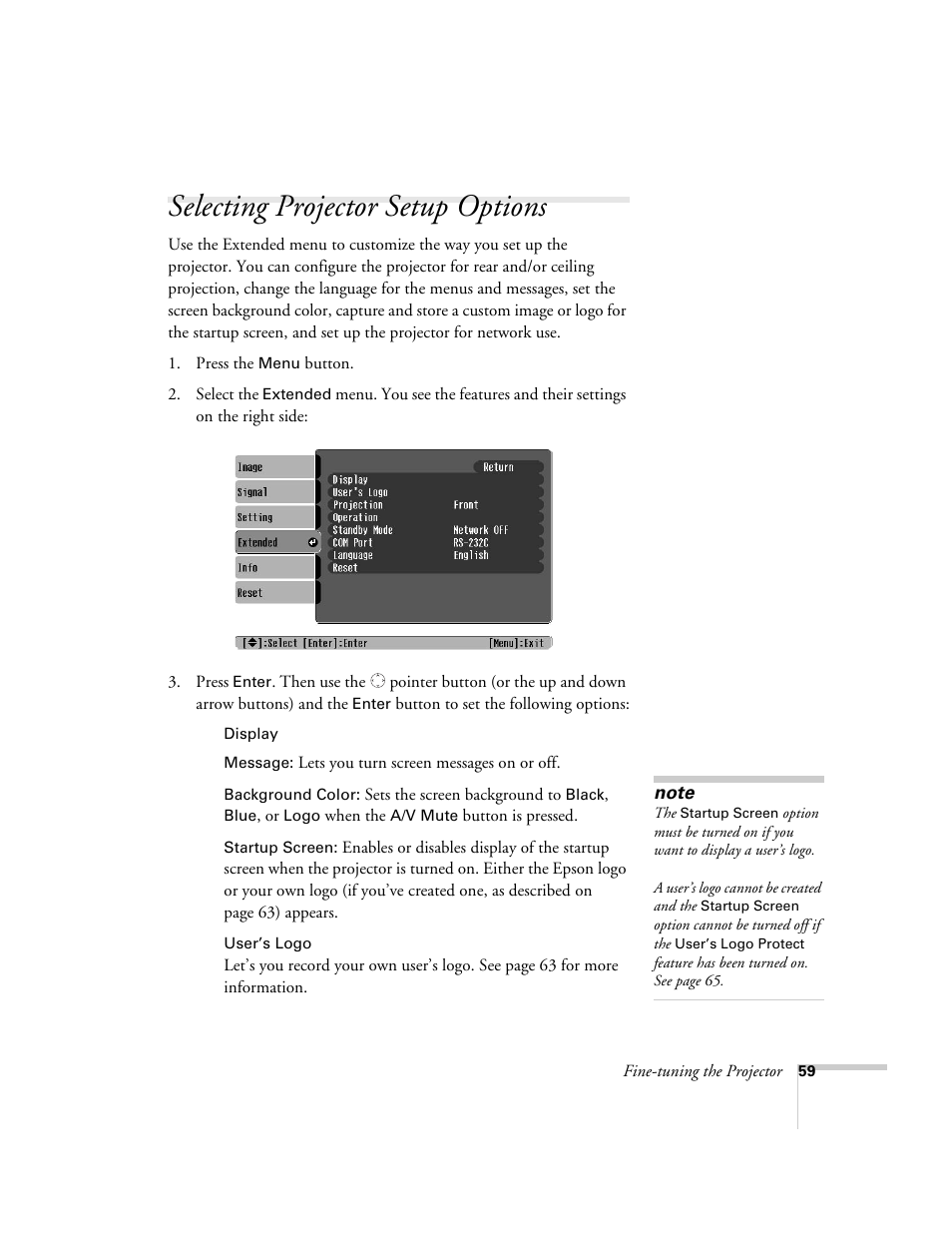Selecting projector setup options | Epson 821p User Manual | Page 59 / 112