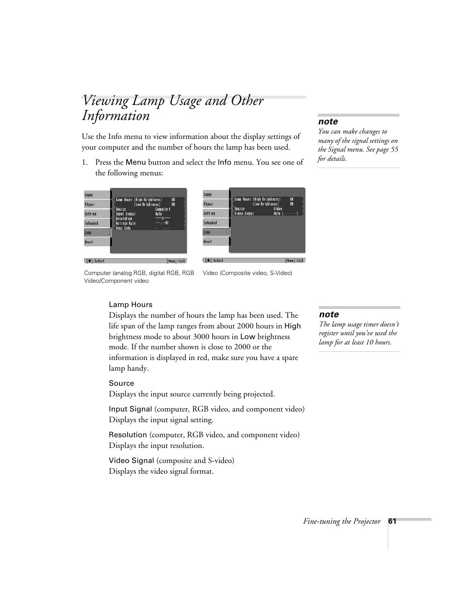 Viewing lamp usage and other information | Epson 821p User Manual | Page 61 / 112