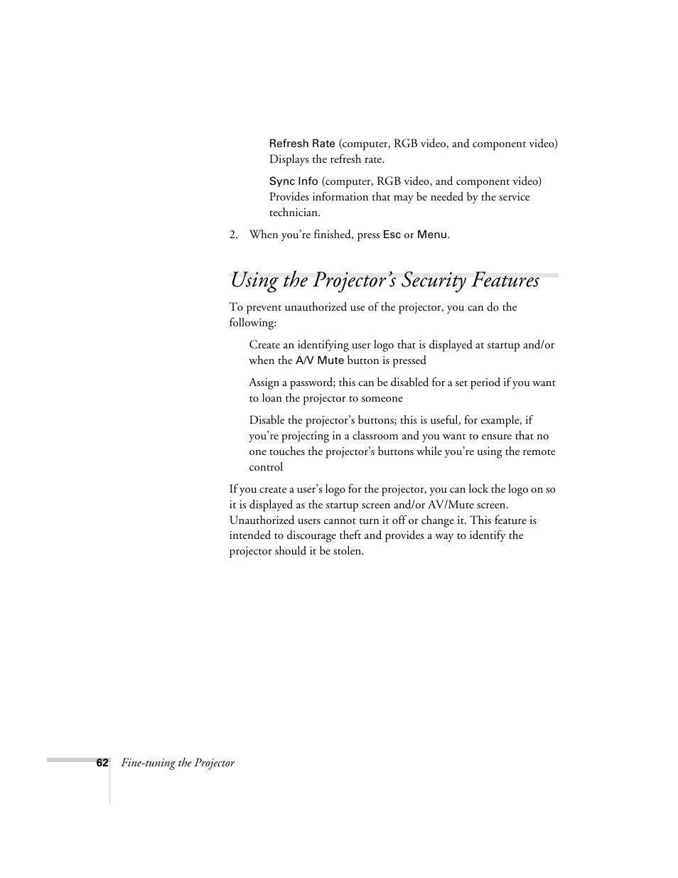 Using the projector’s security features | Epson 821p User Manual | Page 62 / 112