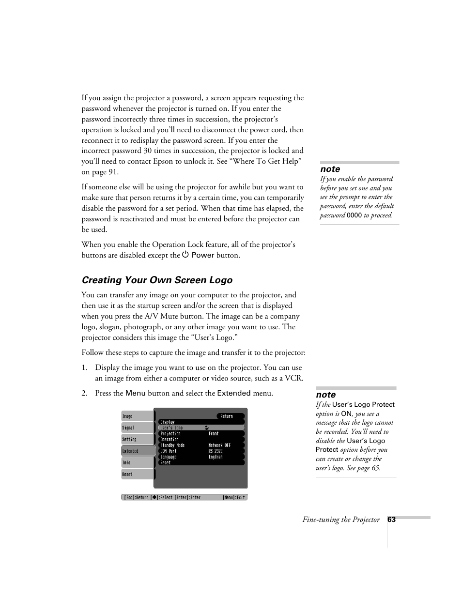 Creating your own screen logo | Epson 821p User Manual | Page 63 / 112