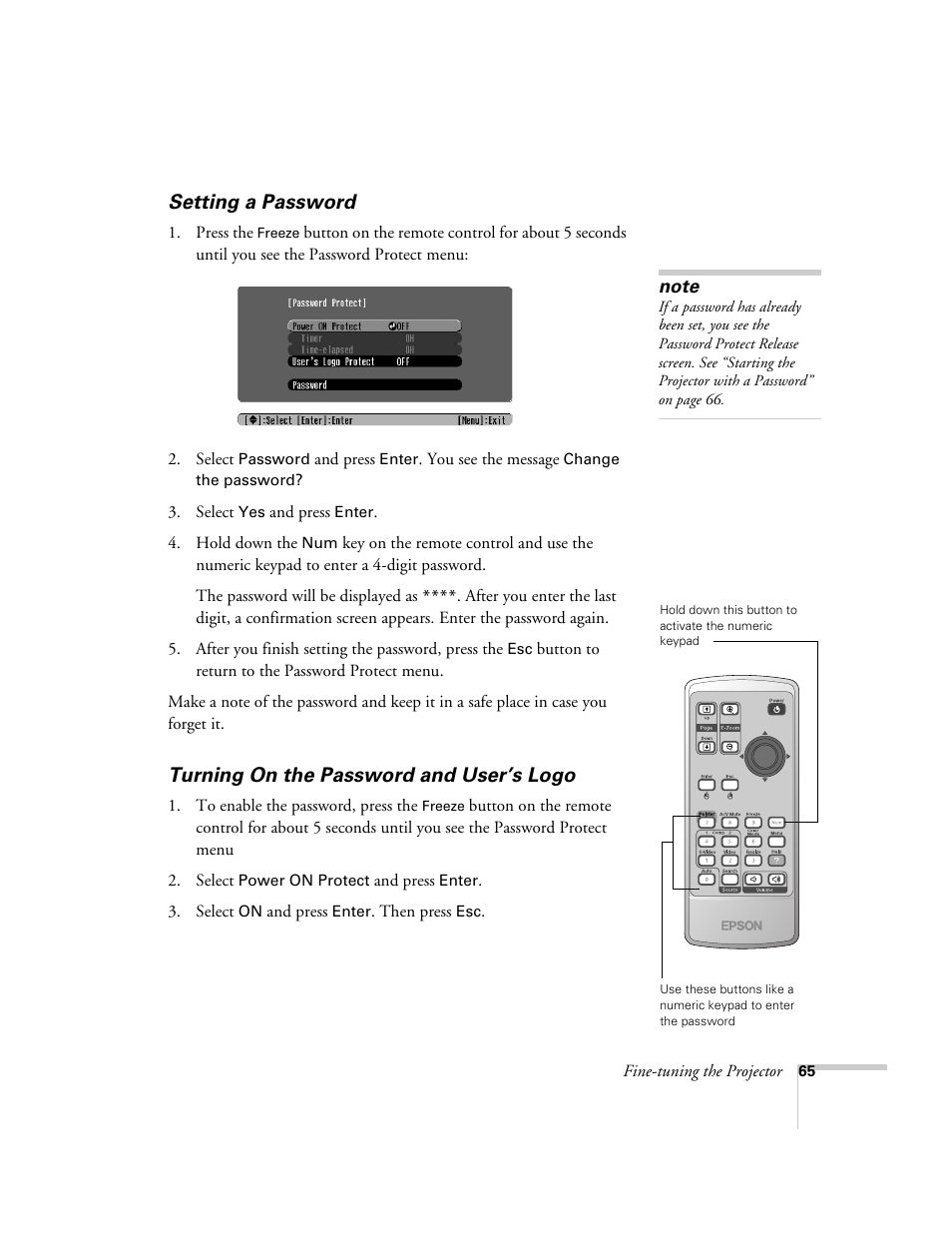 Setting a password, Turning on the password and user’s logo | Epson 821p User Manual | Page 65 / 112