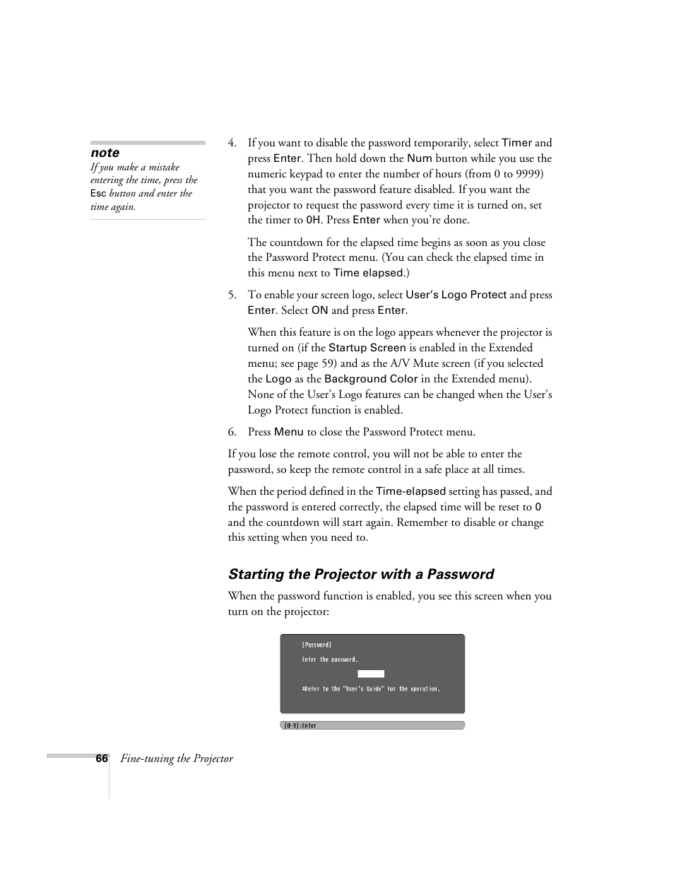Starting the projector with a password | Epson 821p User Manual | Page 66 / 112