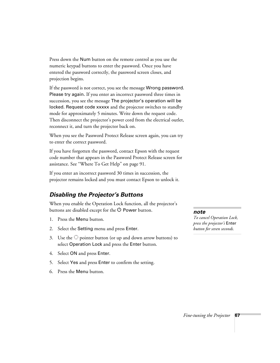 Disabling the projector’s buttons | Epson 821p User Manual | Page 67 / 112