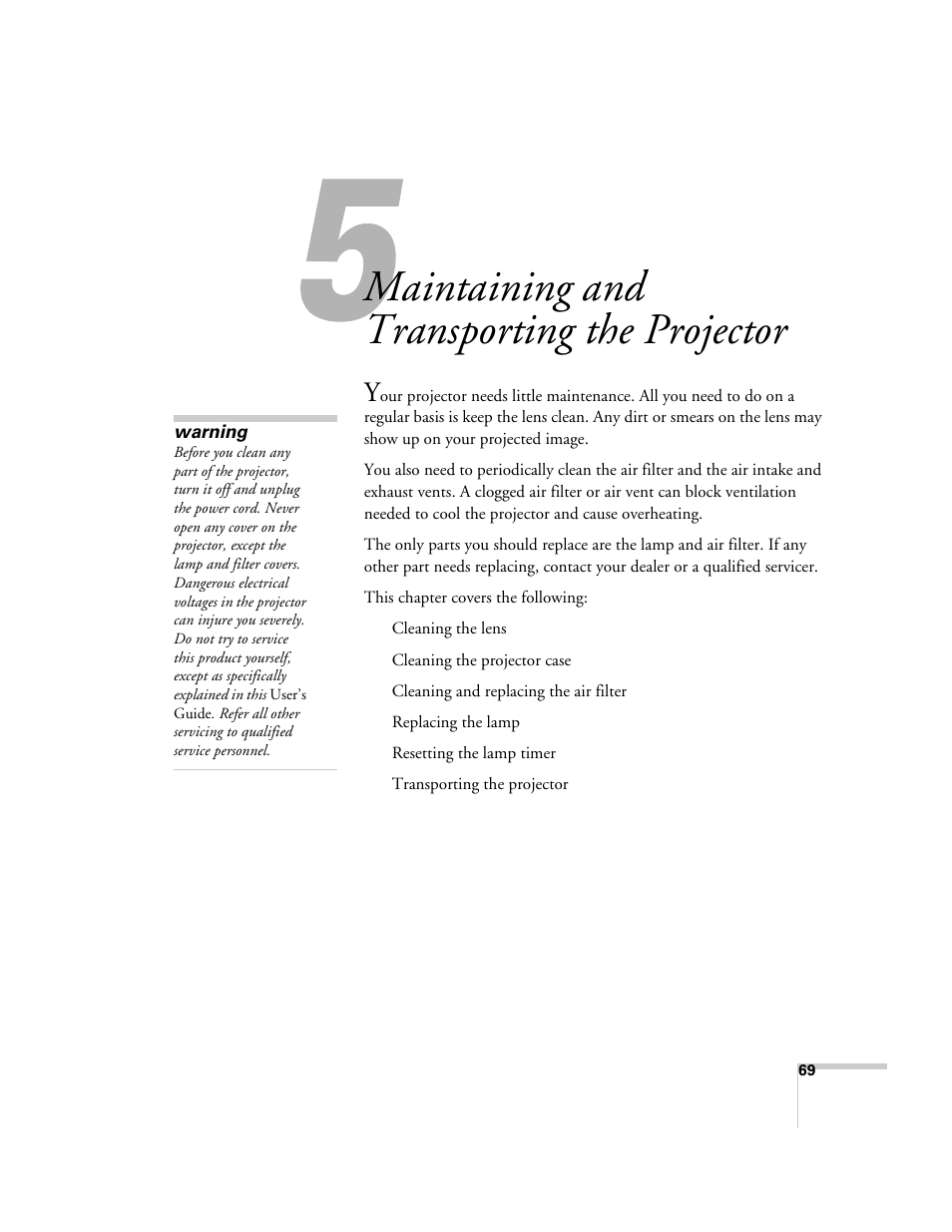 Maintaining and transporting the projector | Epson 821p User Manual | Page 69 / 112