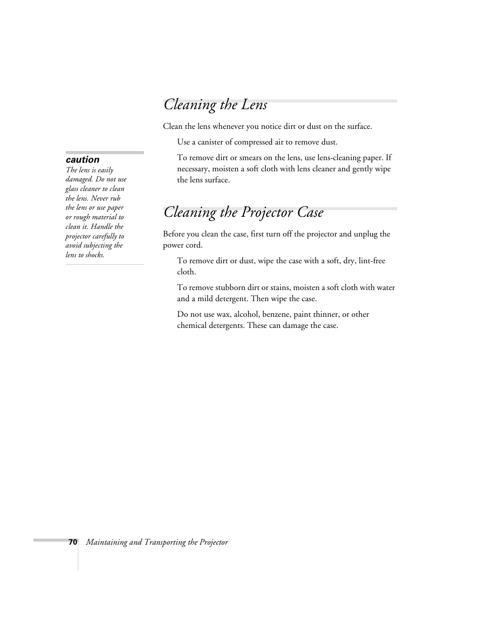 Cleaning the lens, Cleaning the projector case, Cleaning the lens cleaning the projector case | Epson 821p User Manual | Page 70 / 112