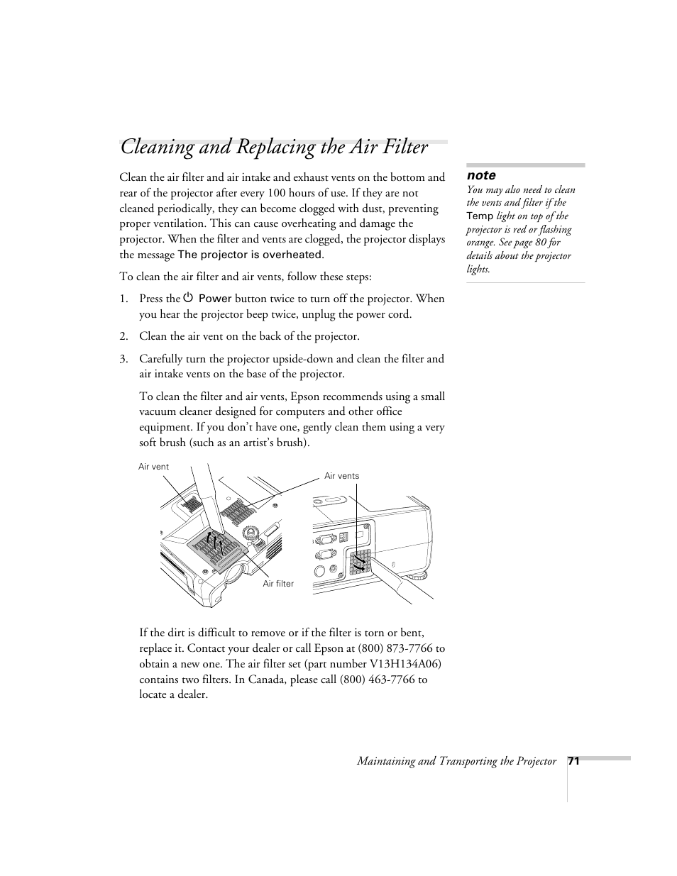 Cleaning and replacing the air filter | Epson 821p User Manual | Page 71 / 112