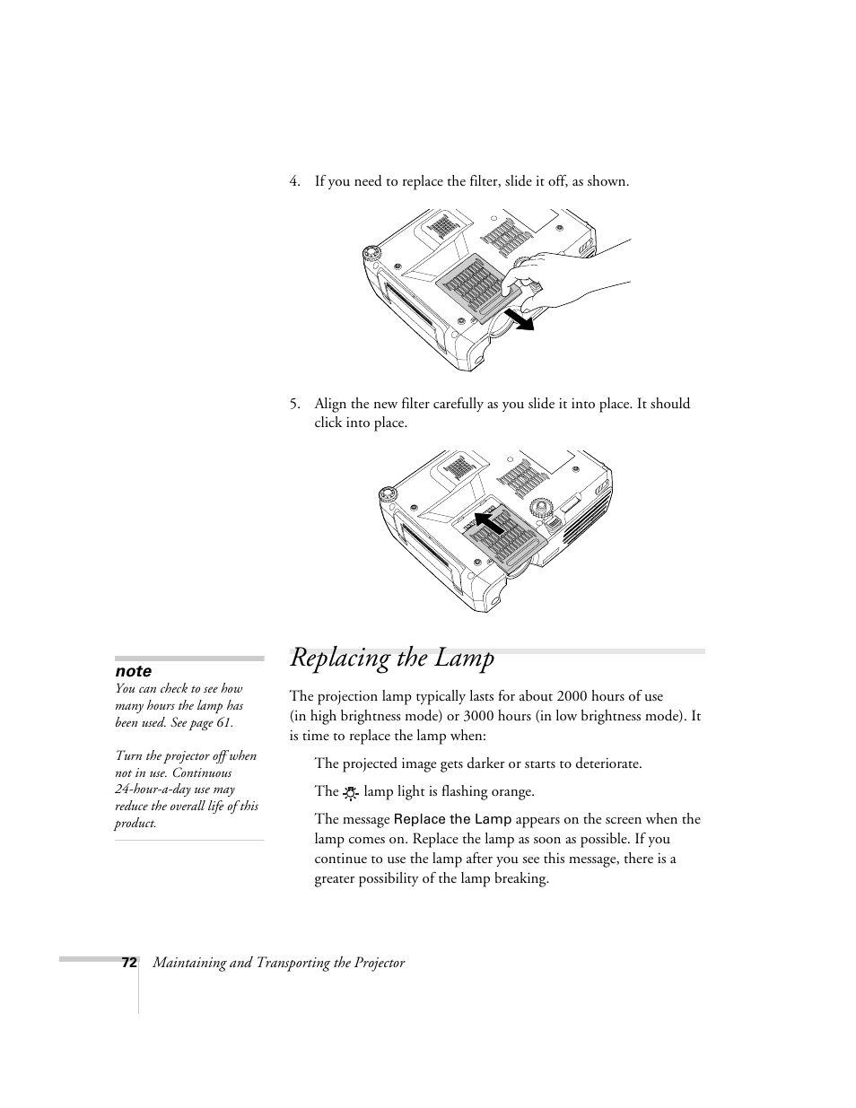 Replacing the lamp | Epson 821p User Manual | Page 72 / 112