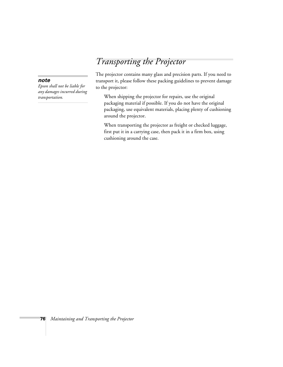 Transporting the projector | Epson 821p User Manual | Page 76 / 112