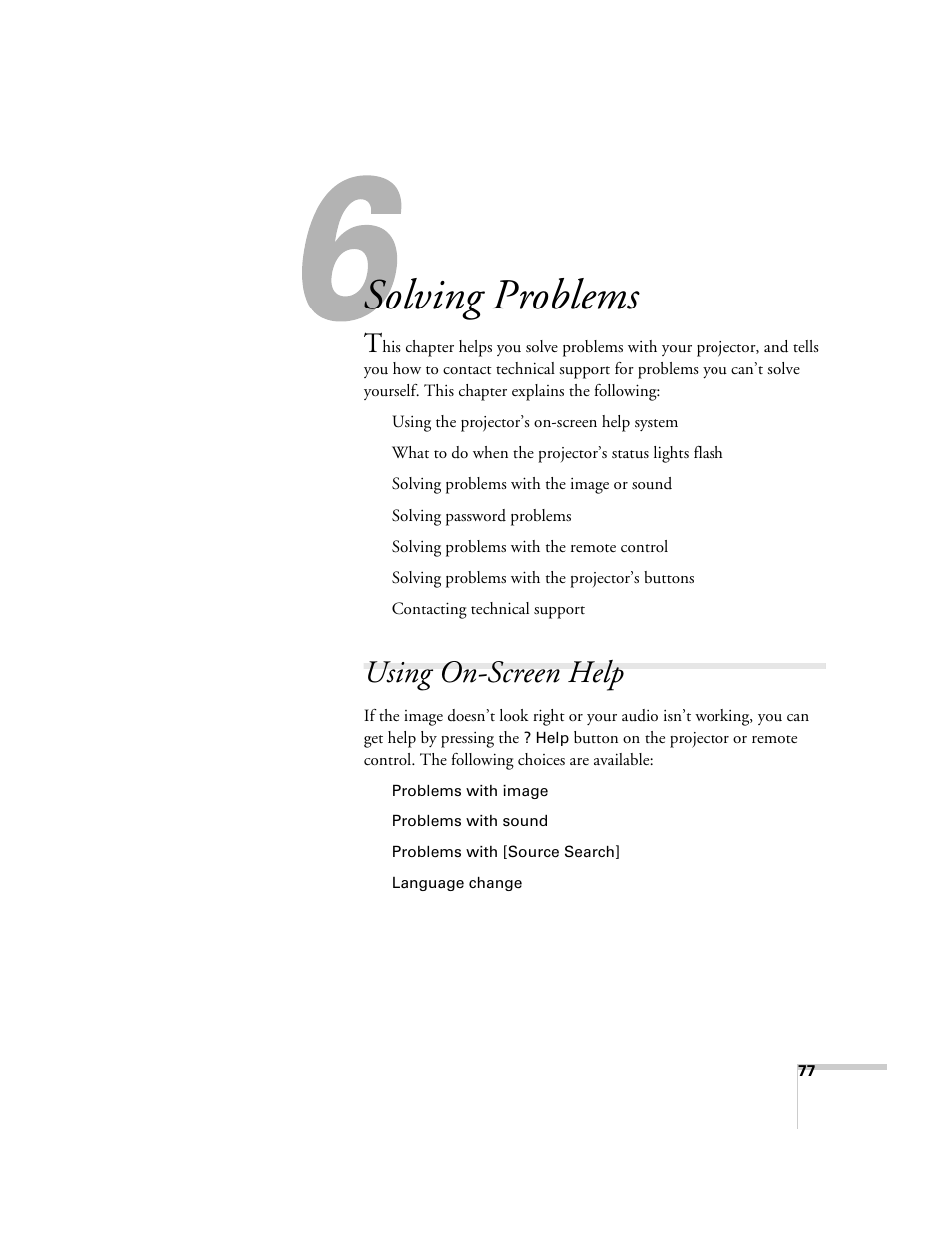 Solving problems, Using on-screen help | Epson 821p User Manual | Page 77 / 112