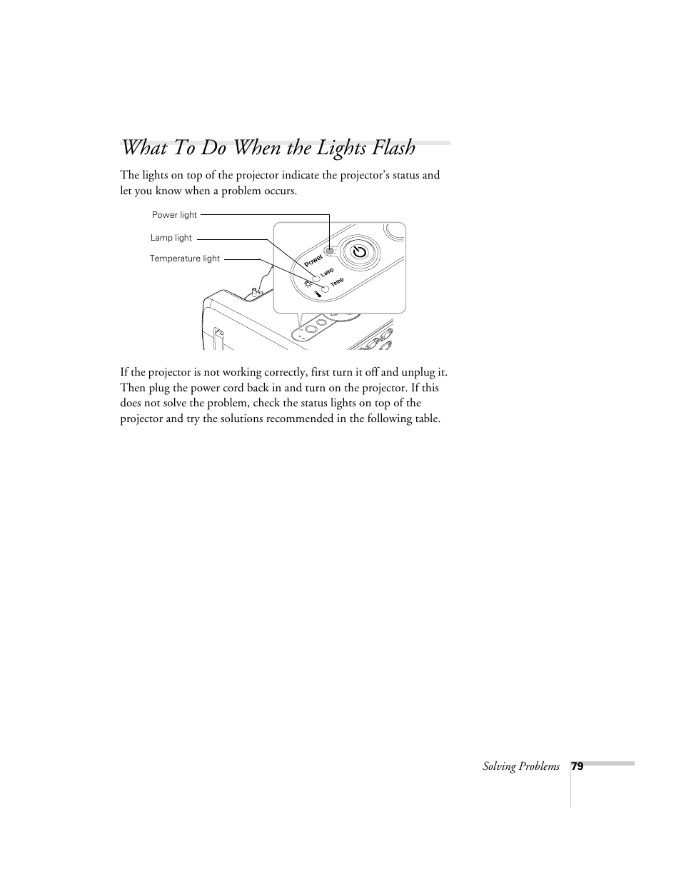 What to do when the lights flash | Epson 821p User Manual | Page 79 / 112