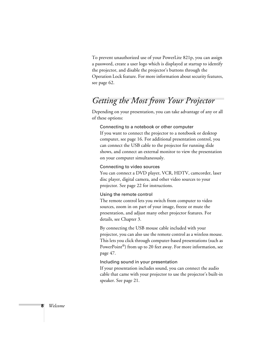 Getting the most from your projector | Epson 821p User Manual | Page 8 / 112
