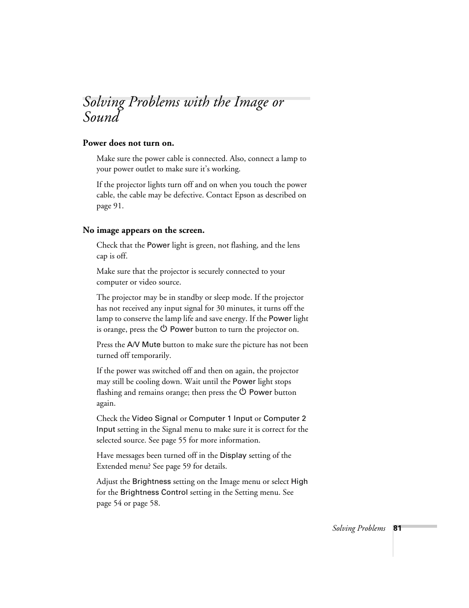 Solving problems with the image or sound | Epson 821p User Manual | Page 81 / 112