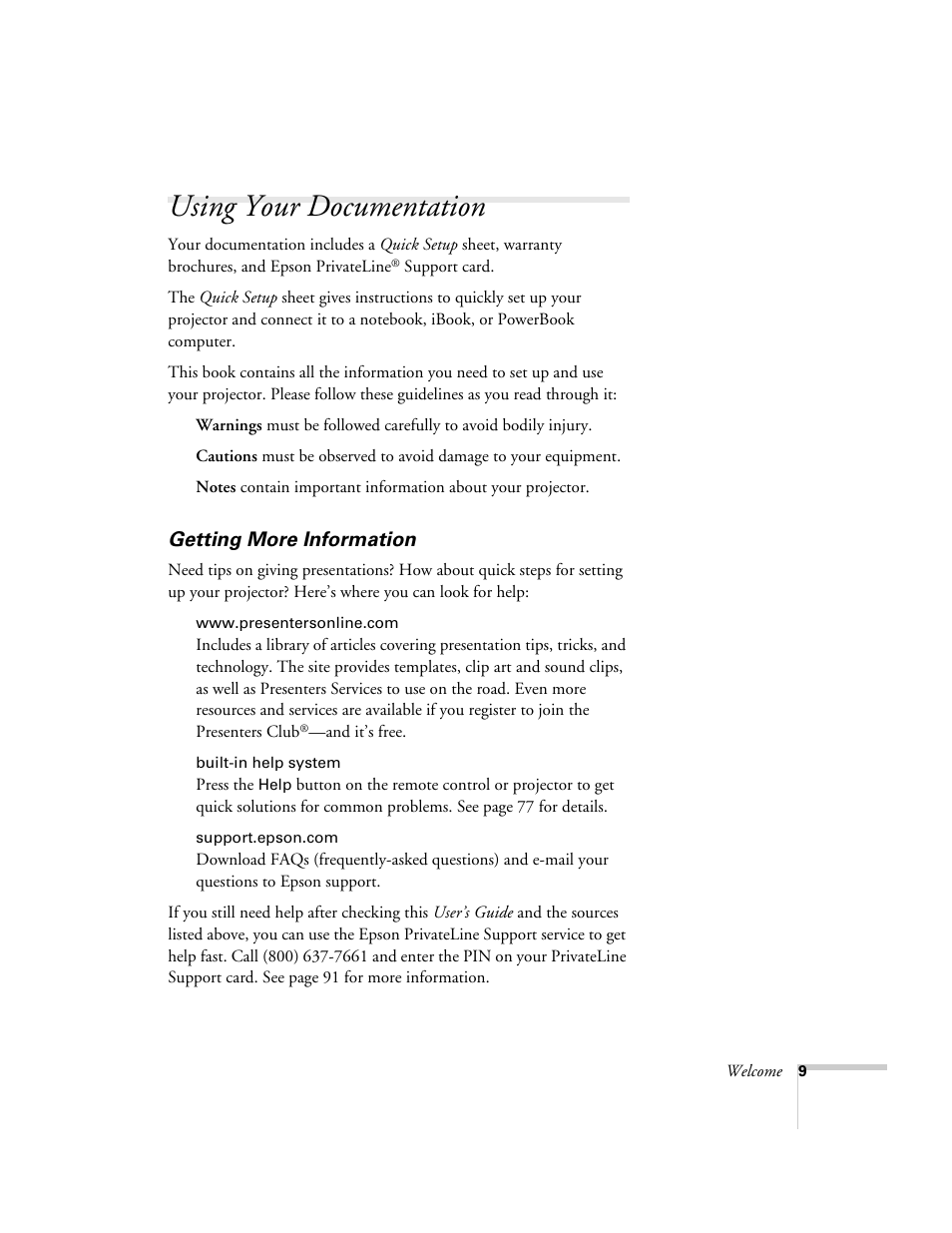 Using your documentation, Getting more information | Epson 821p User Manual | Page 9 / 112