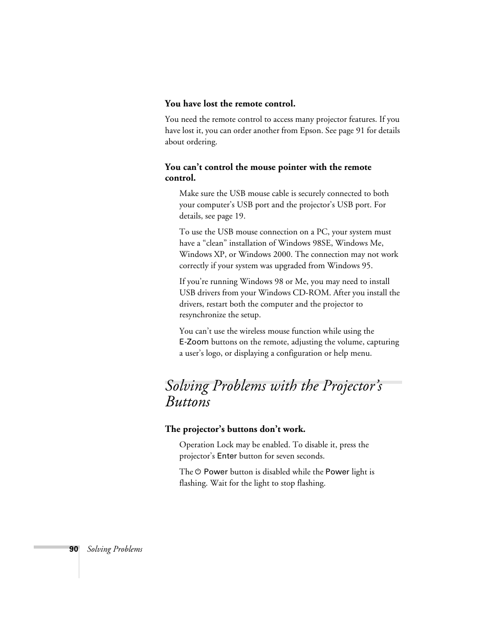 Solving problems with the projector’s buttons | Epson 821p User Manual | Page 90 / 112