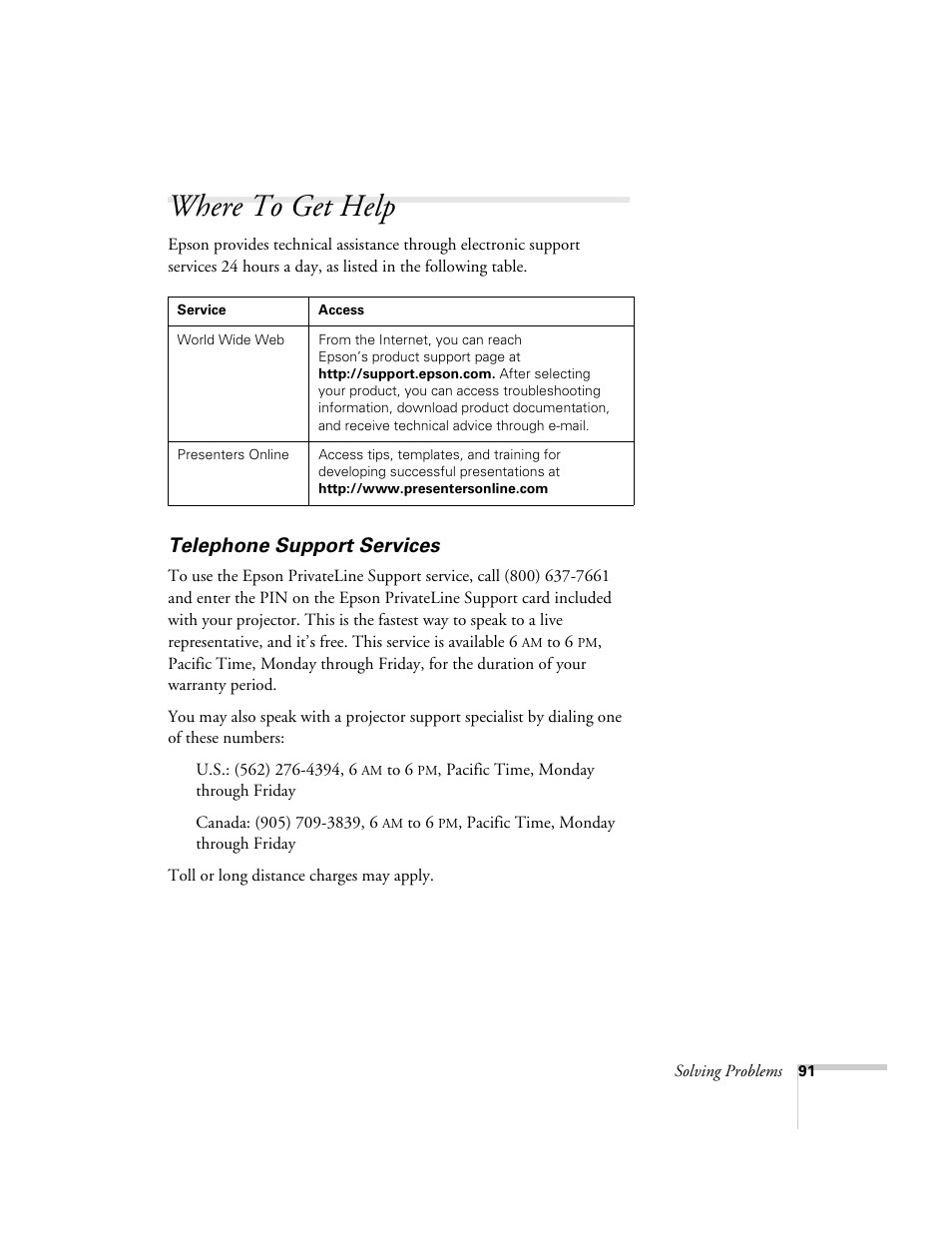 Where to get help, Telephone support services | Epson 821p User Manual | Page 91 / 112