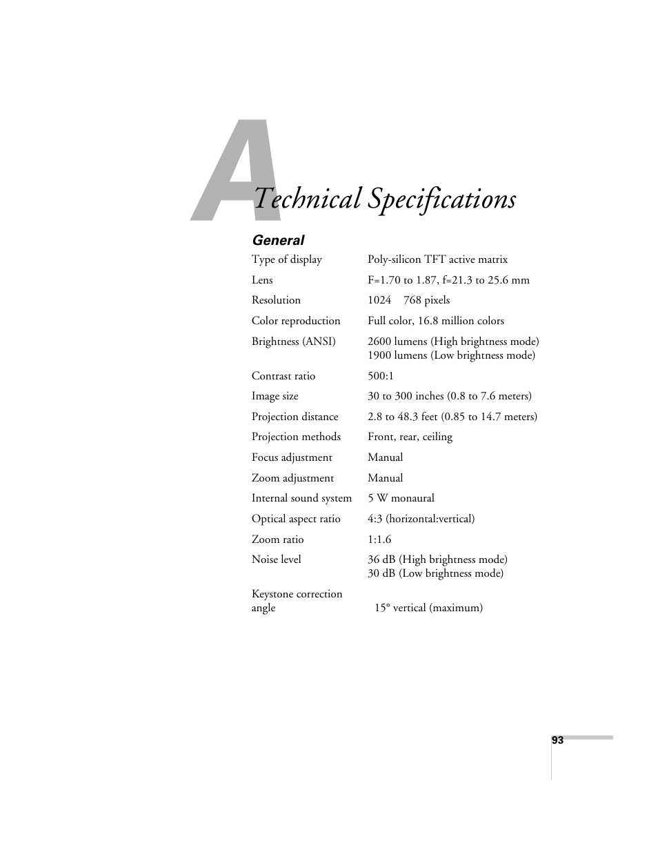 Technical specifications, General | Epson 821p User Manual | Page 93 / 112