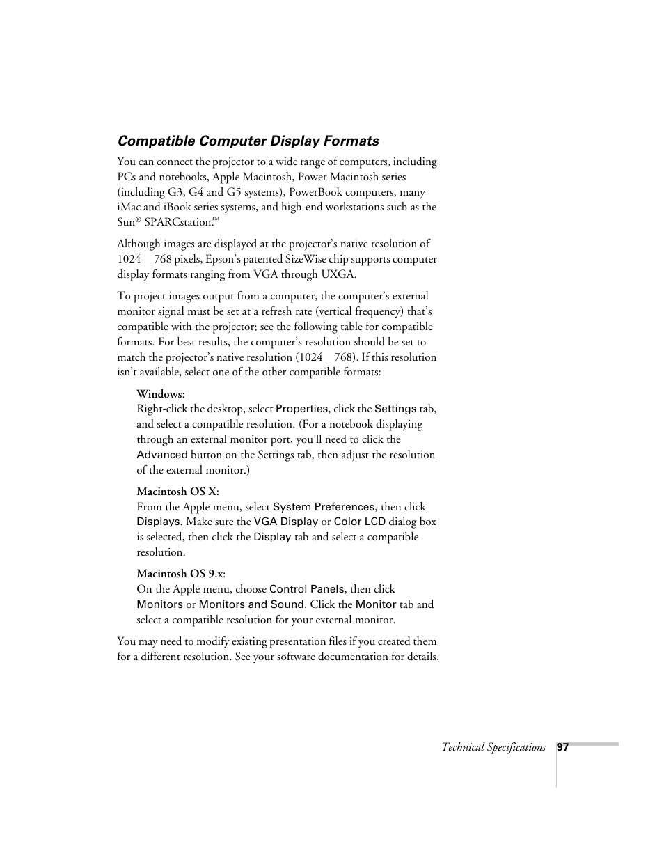 Compatible computer display formats | Epson 821p User Manual | Page 97 / 112