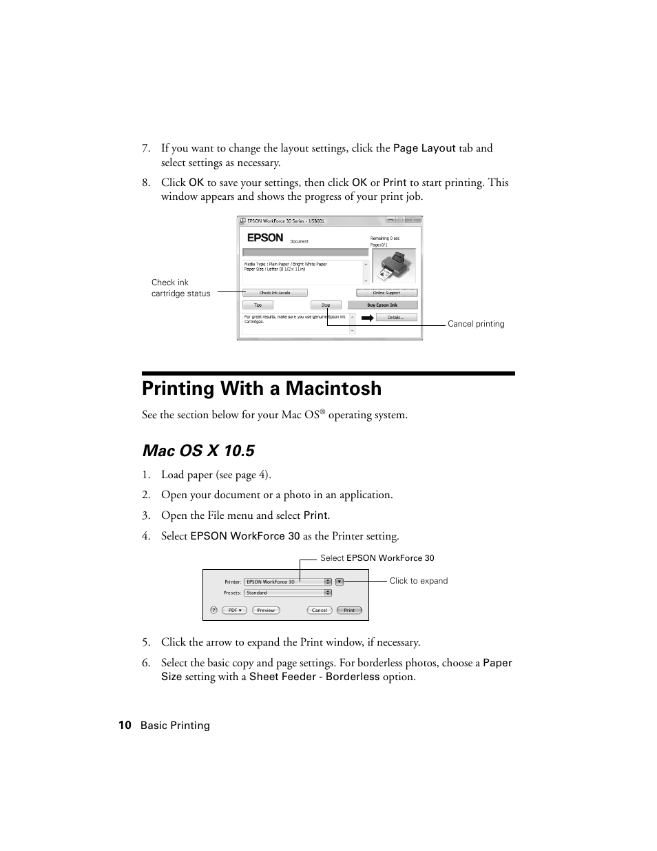 Printing with a macintosh, Mac os x 10.5 | Epson WorkForce 30 Series User Manual | Page 10 / 36