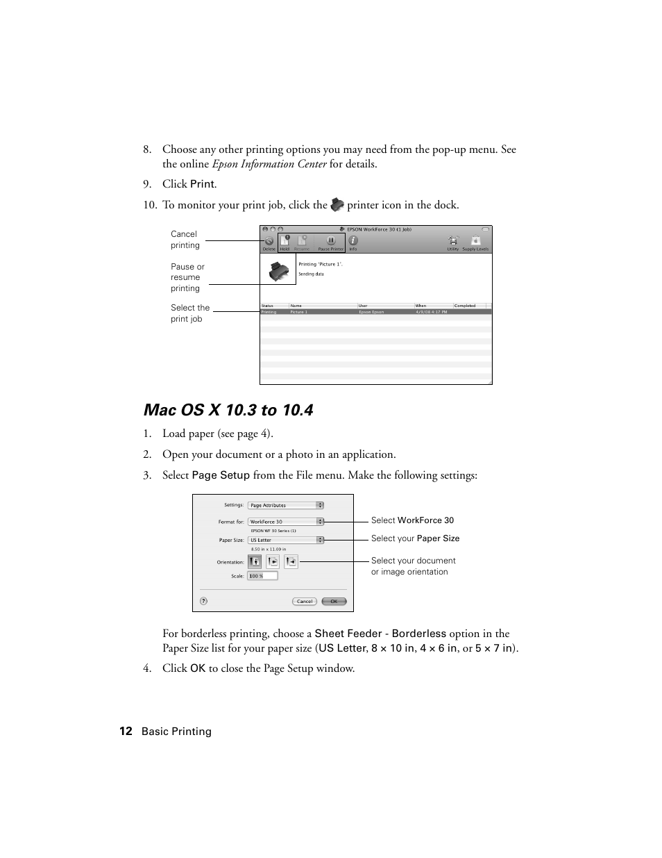 Mac os x 10.3 to 10.4 | Epson WorkForce 30 Series User Manual | Page 12 / 36