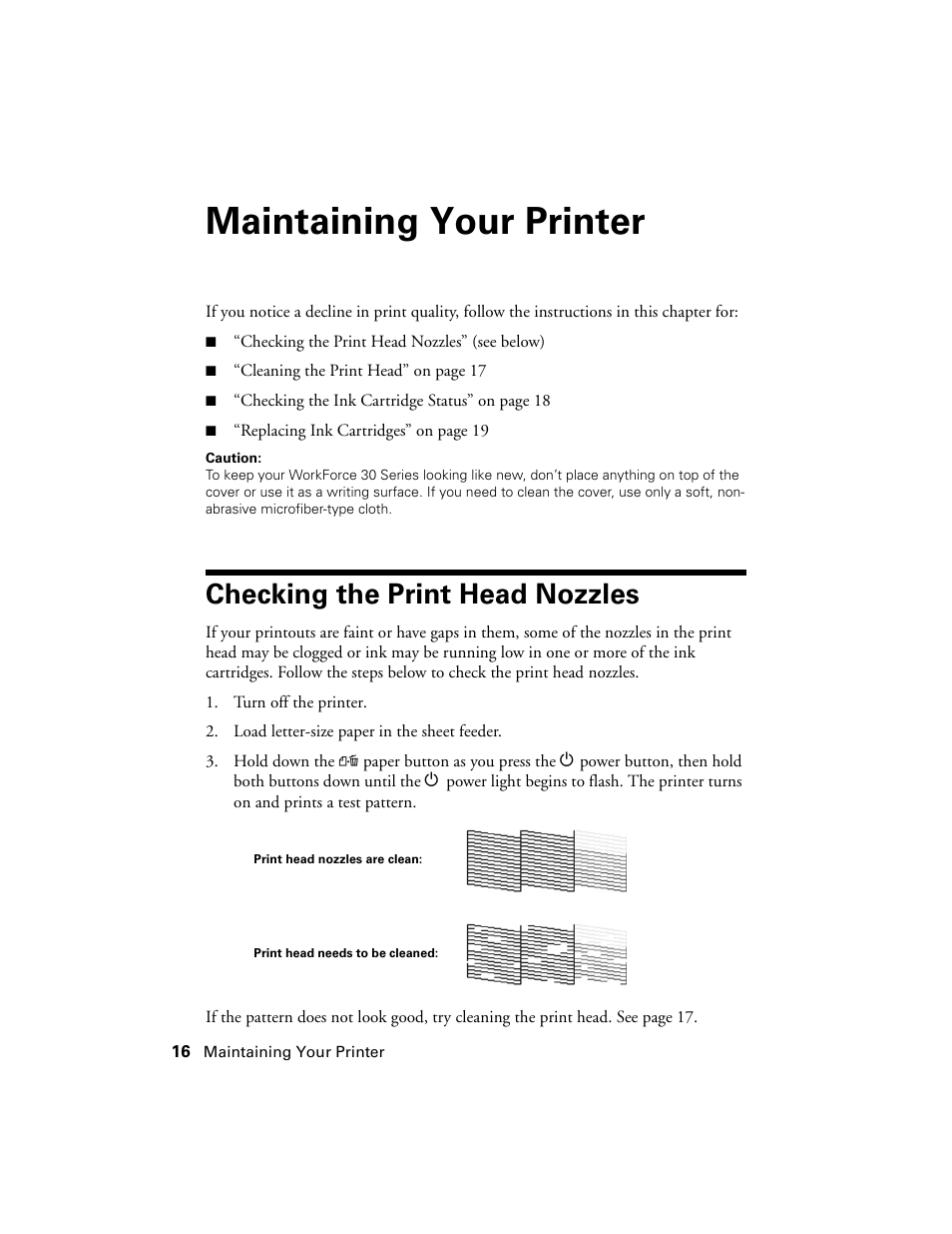 Maintaining your printer, Checking the print head nozzles | Epson WorkForce 30 Series User Manual | Page 16 / 36