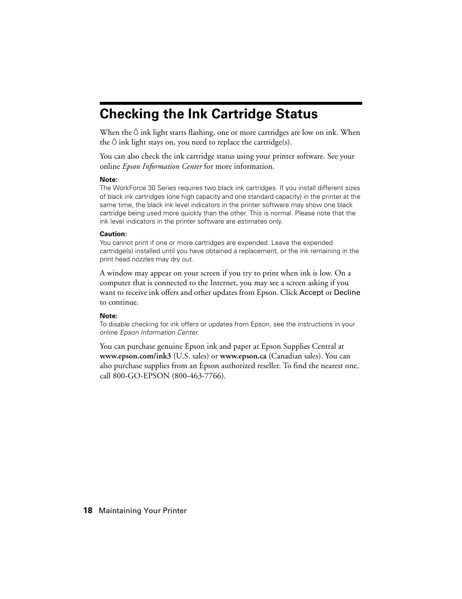 Checking the ink cartridge status | Epson WorkForce 30 Series User Manual | Page 18 / 36