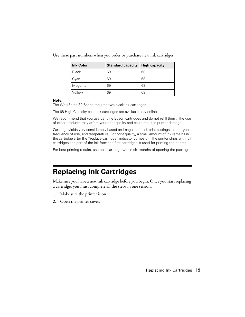 Replacing ink cartridges | Epson WorkForce 30 Series User Manual | Page 19 / 36