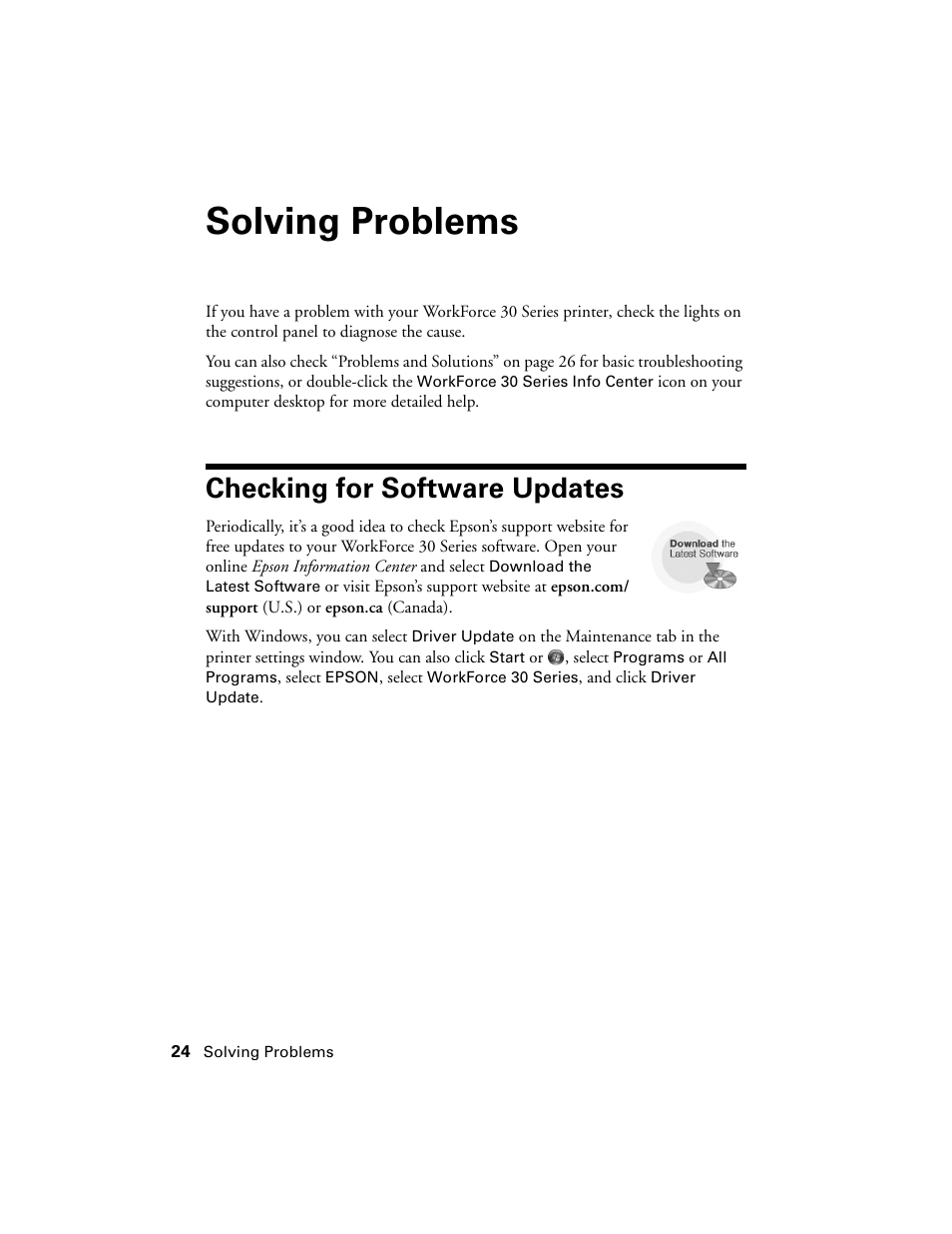 Solving problems, Checking for software updates | Epson WorkForce 30 Series User Manual | Page 24 / 36