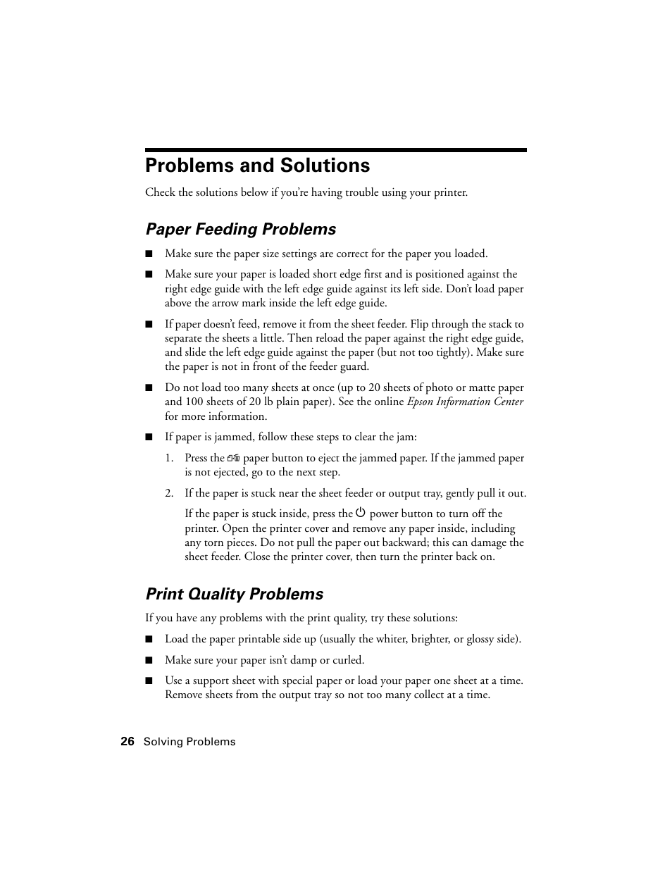 Problems and solutions, Paper feeding problems, Print quality problems | Epson WorkForce 30 Series User Manual | Page 26 / 36