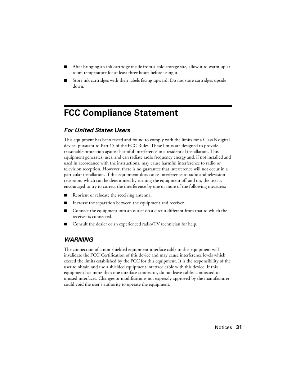 Fcc compliance statement | Epson WorkForce 30 Series User Manual | Page 31 / 36
