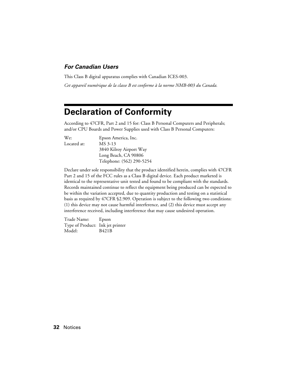 Declaration of conformity | Epson WorkForce 30 Series User Manual | Page 32 / 36