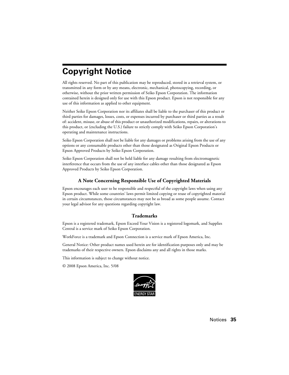Copyright notice | Epson WorkForce 30 Series User Manual | Page 35 / 36