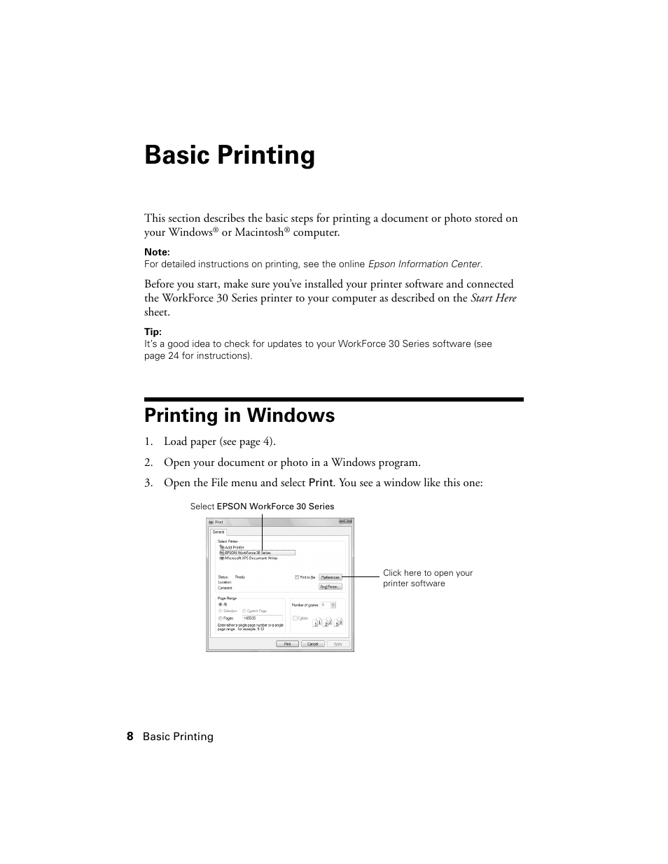 Basic printing, Printing in windows | Epson WorkForce 30 Series User Manual | Page 8 / 36