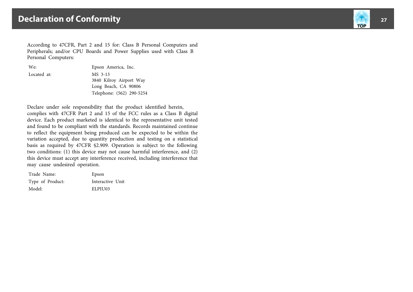 Declaration of conformity | Epson ELPIU03 User Manual | Page 27 / 28