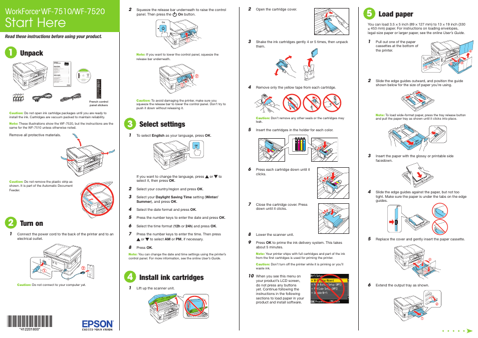 Load paper, Start here, Unpack | Turn on, Select settings, Install ink cartridges | Epson WorkForce WF-7510 User Manual | Page 2 / 4