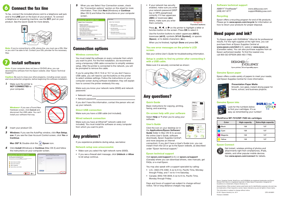Any questions, Need paper and ink, Connection options | Any problems, Connect the fax line, Install software | Epson WorkForce WF-7510 User Manual | Page 4 / 4