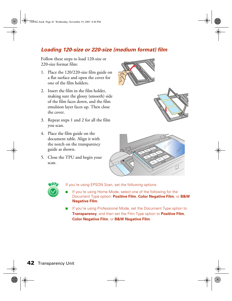 Loading 120-size or 220-size (medium format) film | Epson EXPRESSION 1640XL User Manual | Page 10 / 21