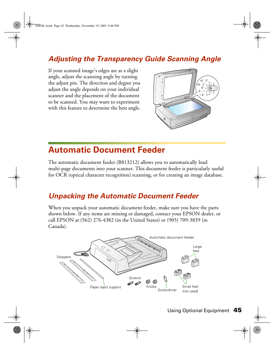 Adjusting the transparency guide scanning angle, B813212-automatic document feeder, Unpacking the automatic document feeder | Automatic document feeder | Epson EXPRESSION 1640XL User Manual | Page 13 / 21