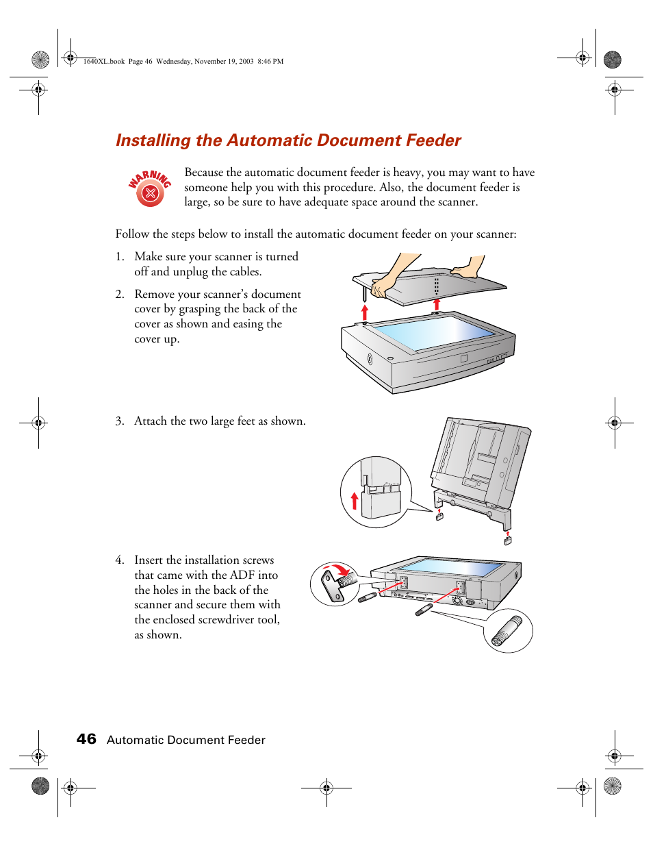 Installing the automatic document feeder | Epson EXPRESSION 1640XL User Manual | Page 14 / 21