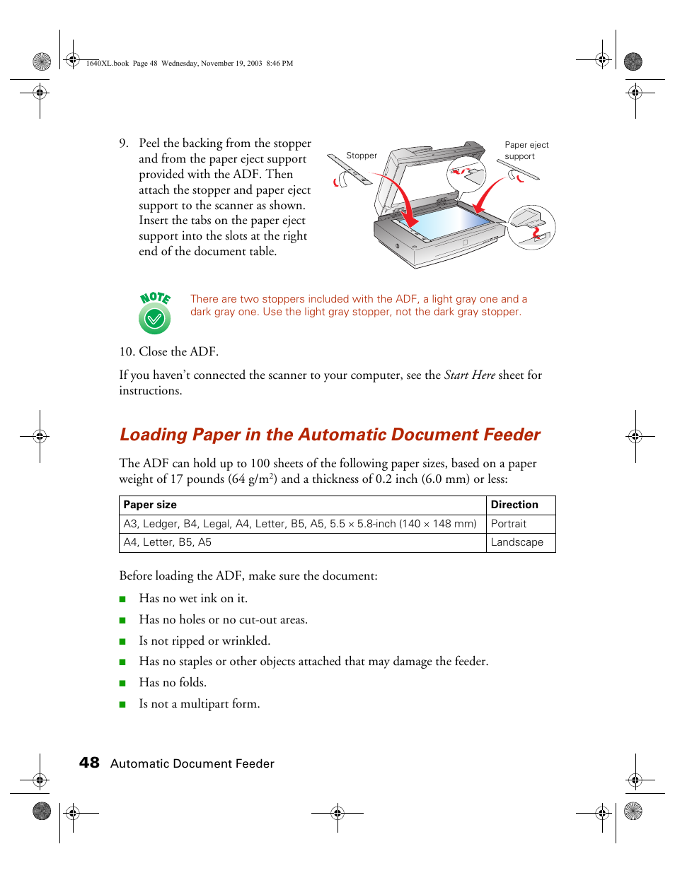 Loading paper in the automatic document feeder | Epson EXPRESSION 1640XL User Manual | Page 16 / 21