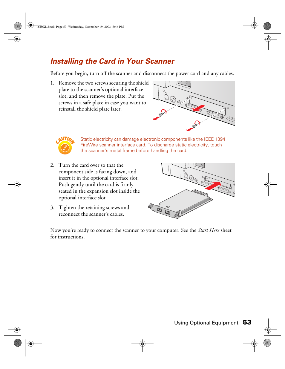 Installing the card in your scanner | Epson EXPRESSION 1640XL User Manual | Page 21 / 21