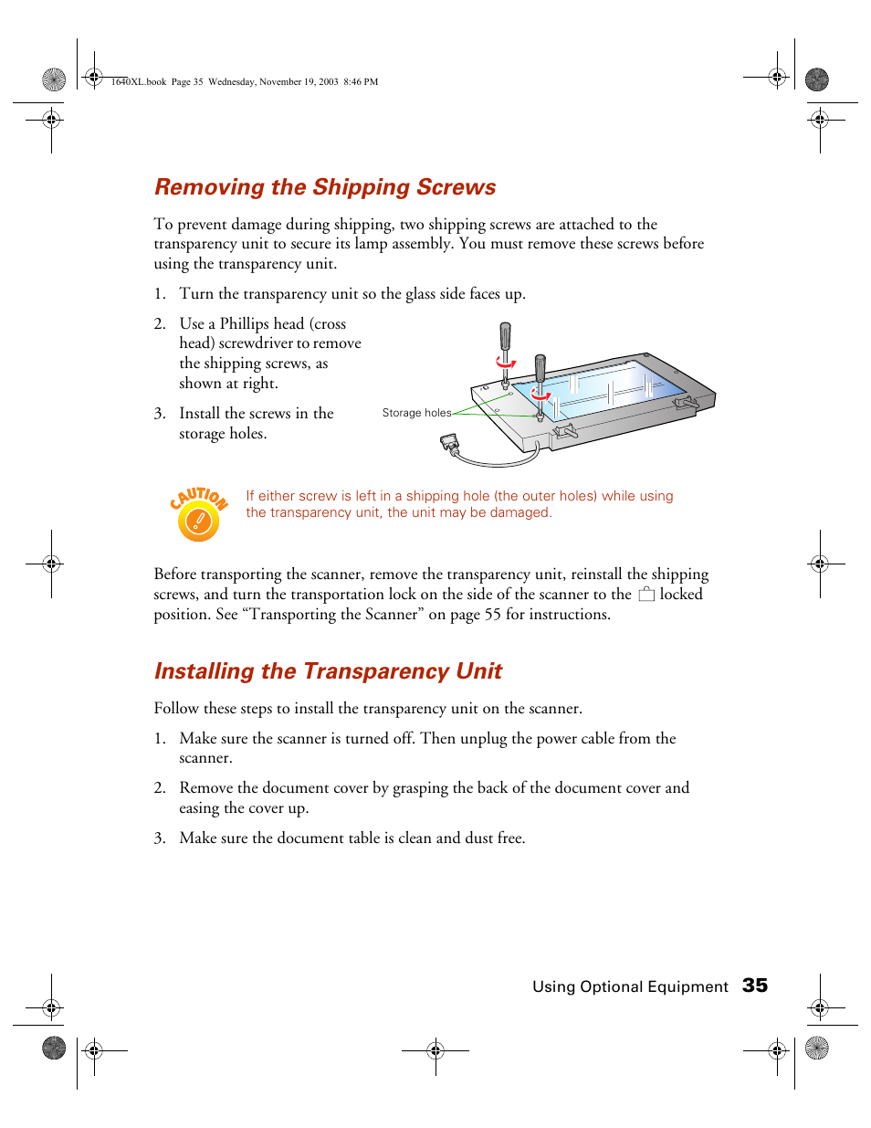 Removing the shipping screws, Installing the transparency unit | Epson EXPRESSION 1640XL User Manual | Page 3 / 21