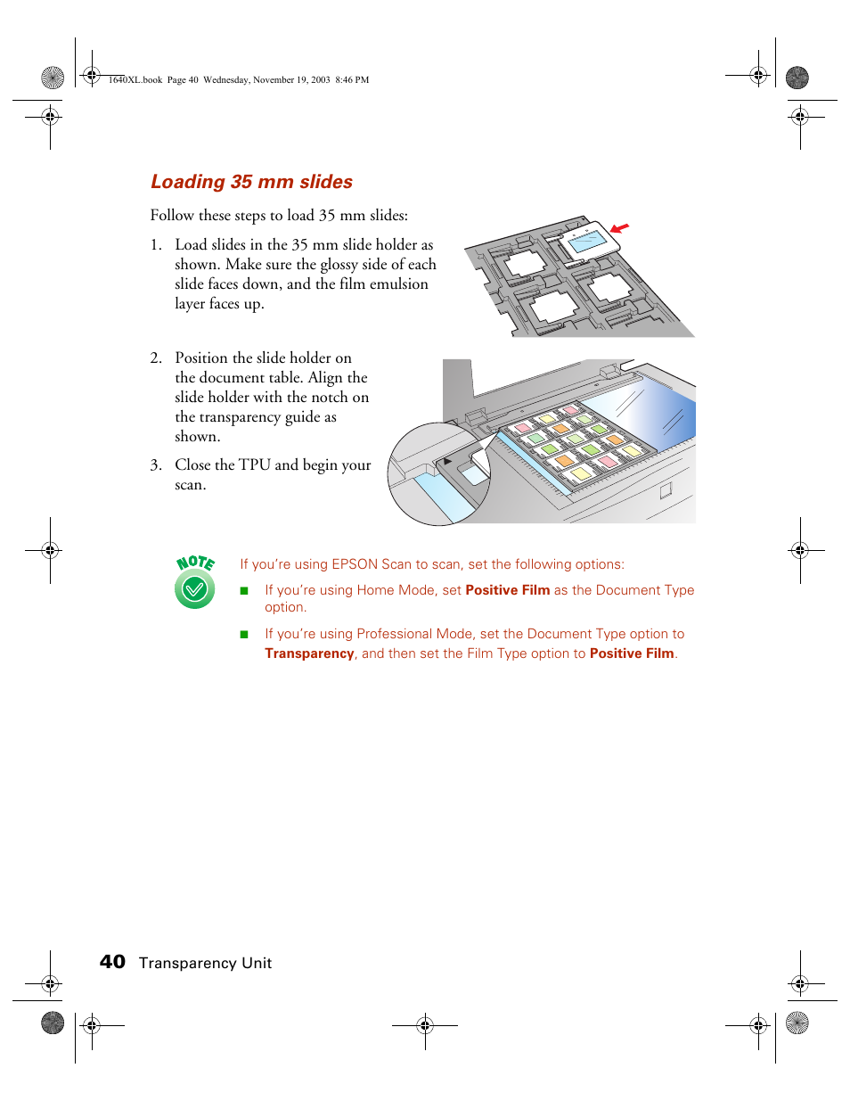 Loading 35 mm slides | Epson EXPRESSION 1640XL User Manual | Page 8 / 21