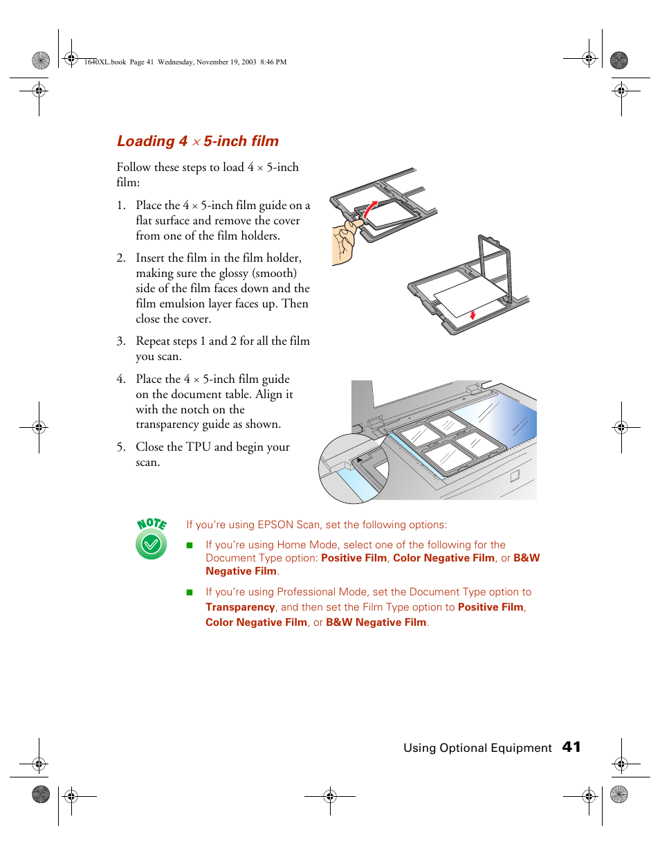 Loading 4 × 5-inch film, 41 loading 4, Inch film | Epson EXPRESSION 1640XL User Manual | Page 9 / 21