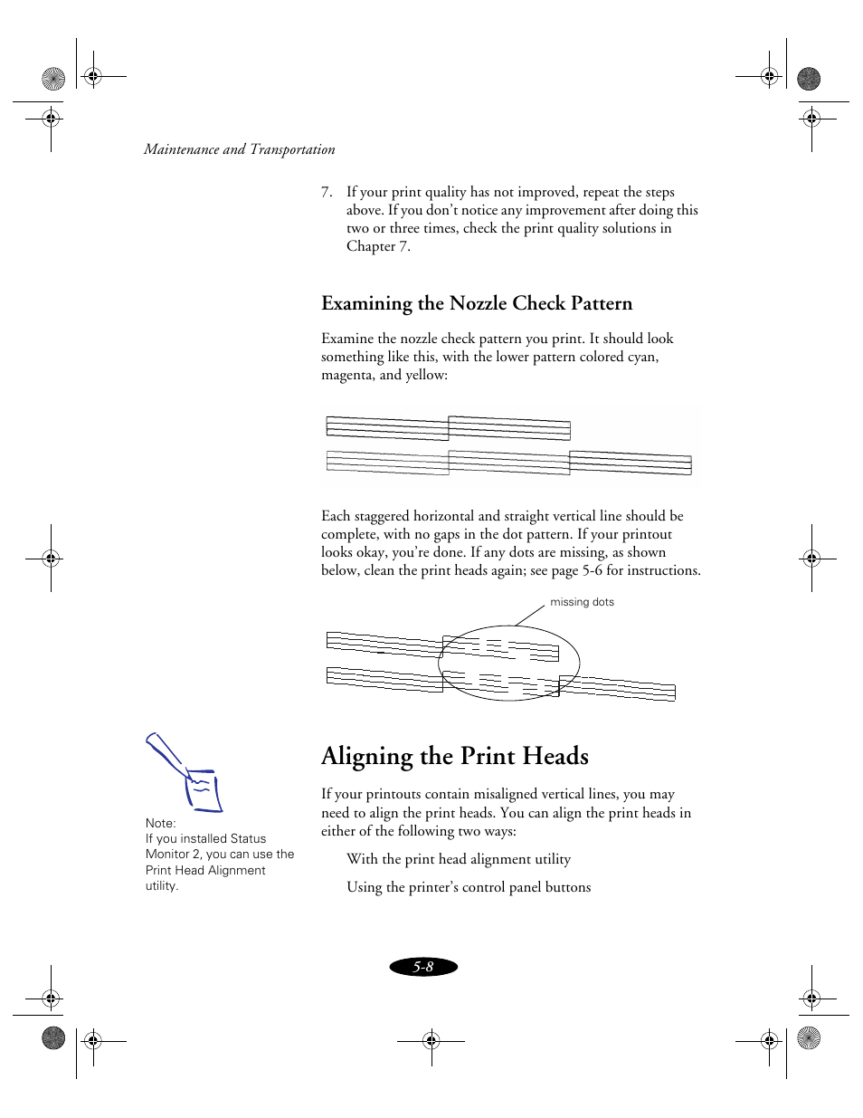 Examining the nozzle check pattern, Aligning the print heads | Epson 850N User Manual | Page 100 / 179