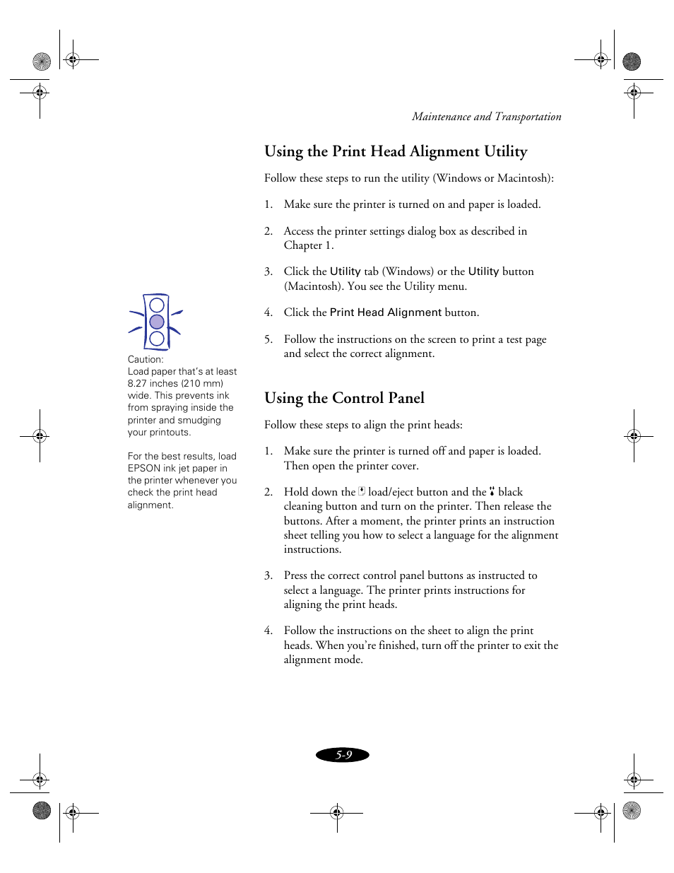 Using the print head alignment utility, Using the control panel | Epson 850N User Manual | Page 101 / 179